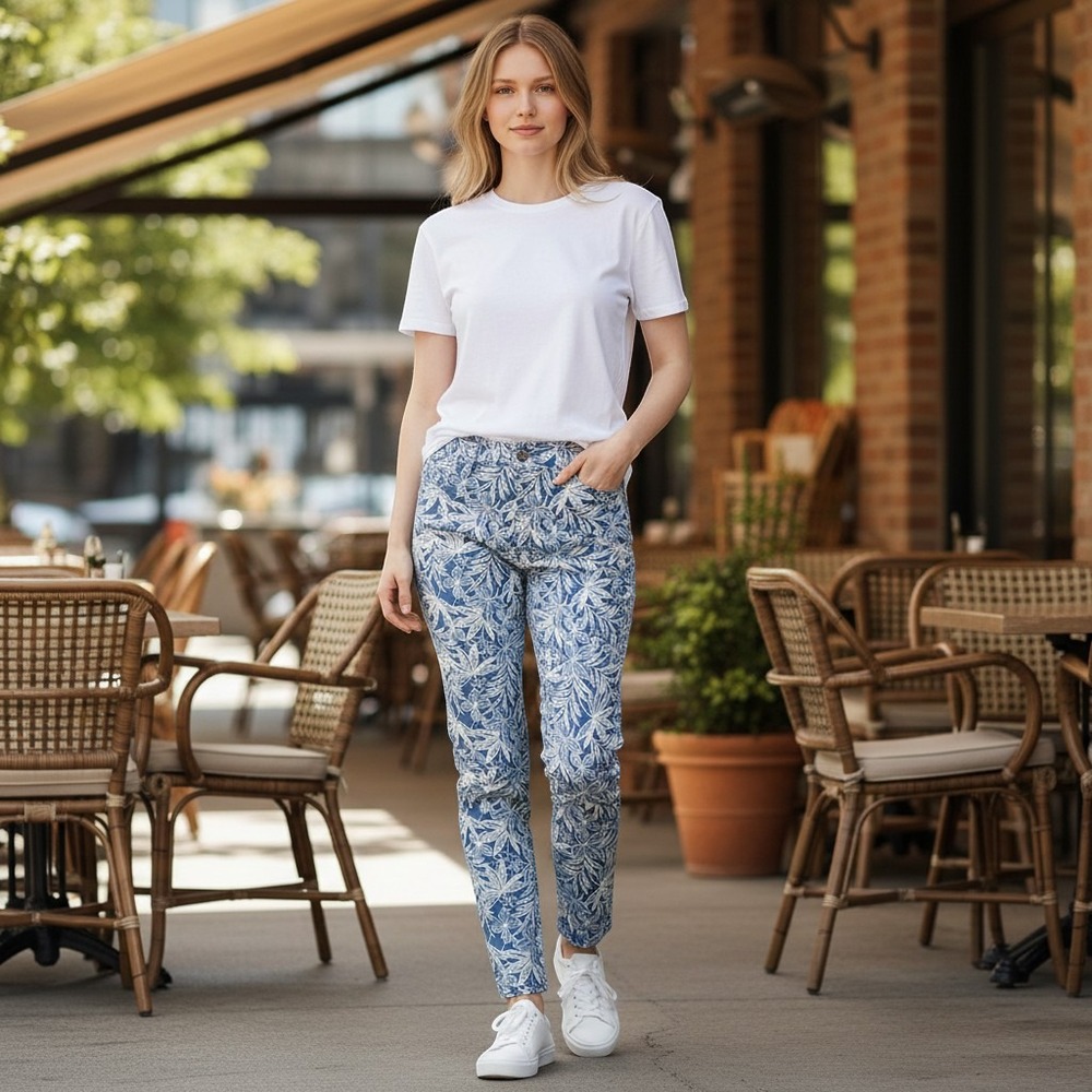 Faded Glory Blue White Floral Skinny Pants Womens XL 16-18 High Rise Stretch